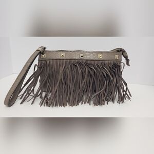 J Lo Jennifer Lopez Fringe Leather Clutch Strap Gray Gold Zipper Like New
